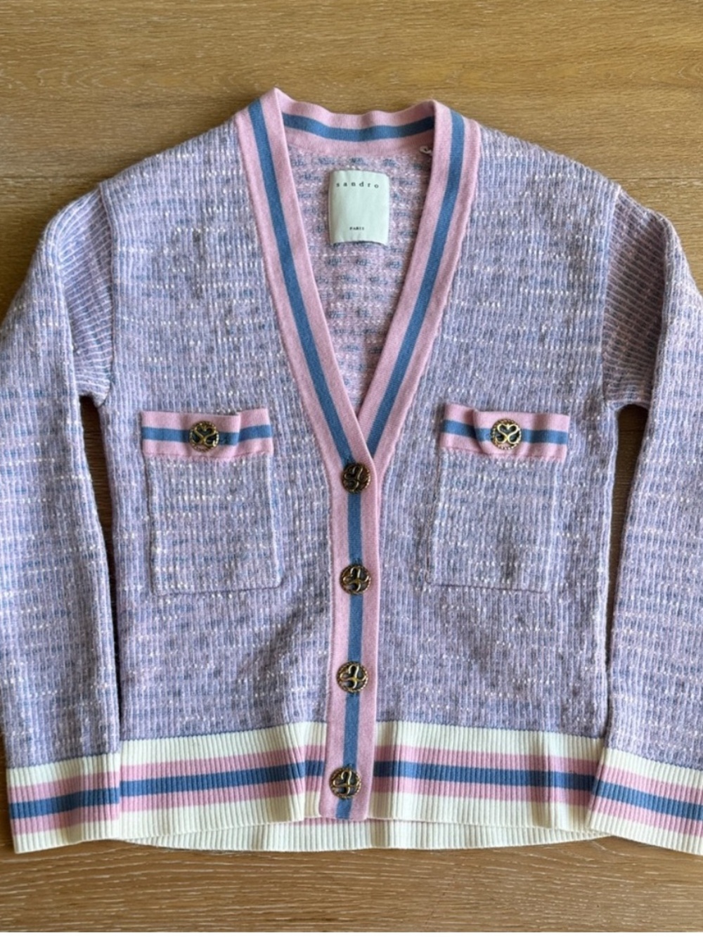 Sandro Pink & Blue Tweed V-Neck Cardigan with Cream Trim